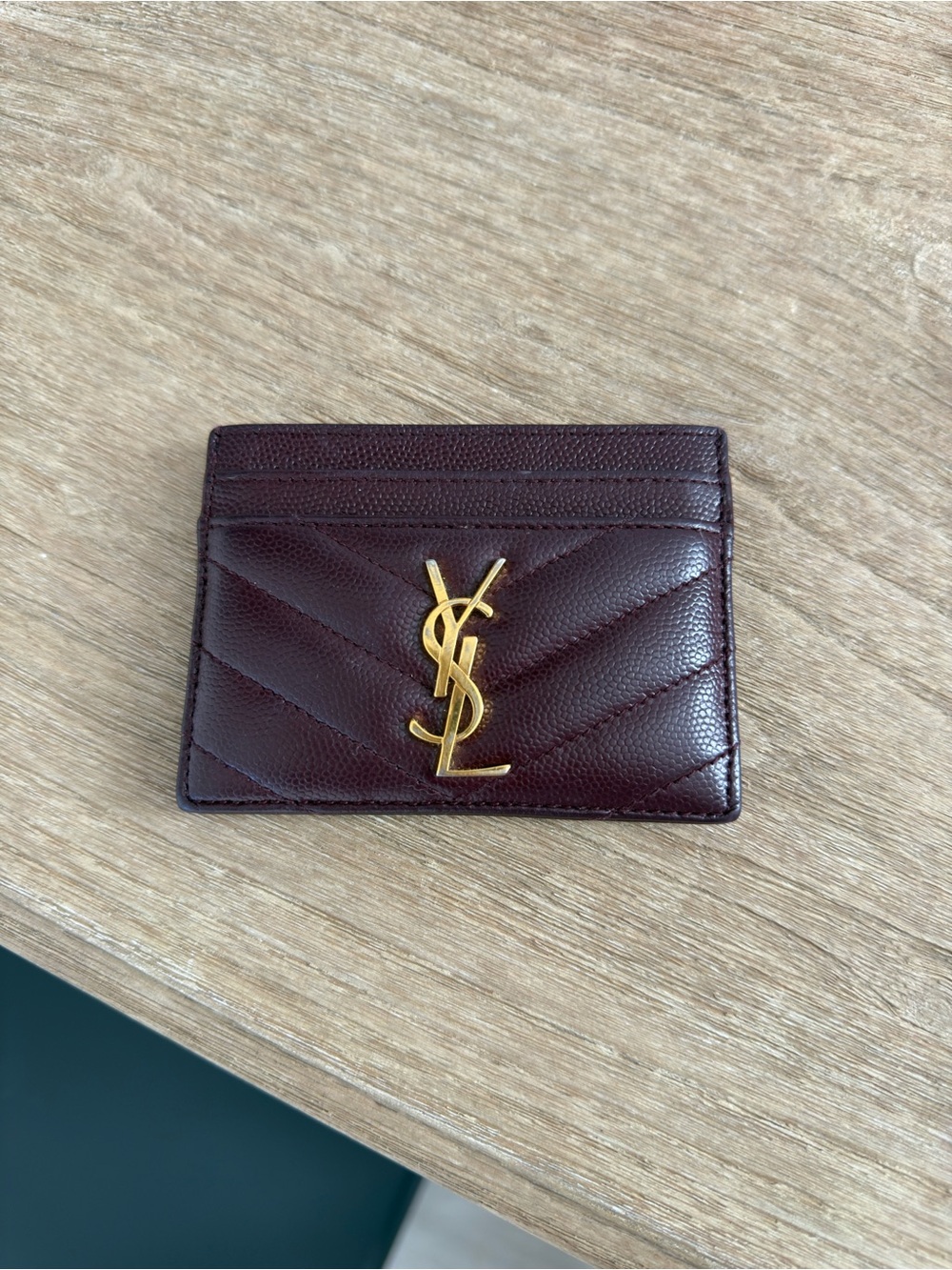 Saint Laurent Wine Quilted Leather Card Case with Gold YSL Emblem